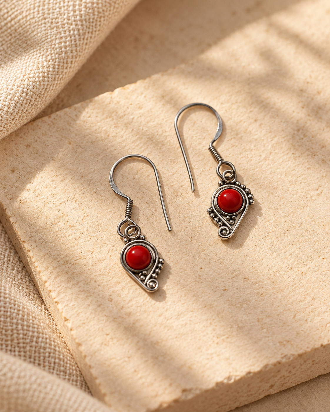 Red Gemstone Silver Drop Earrings | Aabha
