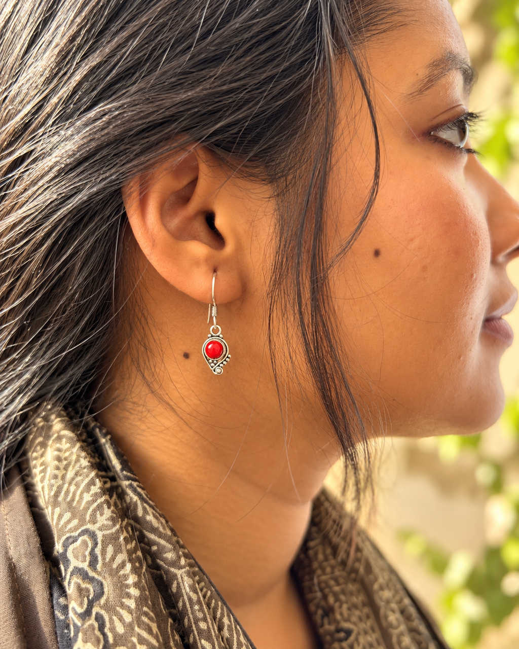 Red Gemstone Silver Drop Earrings | Aabha