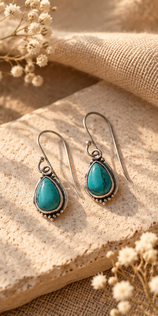 Turquoise Drop Silver Earrings | Neerja